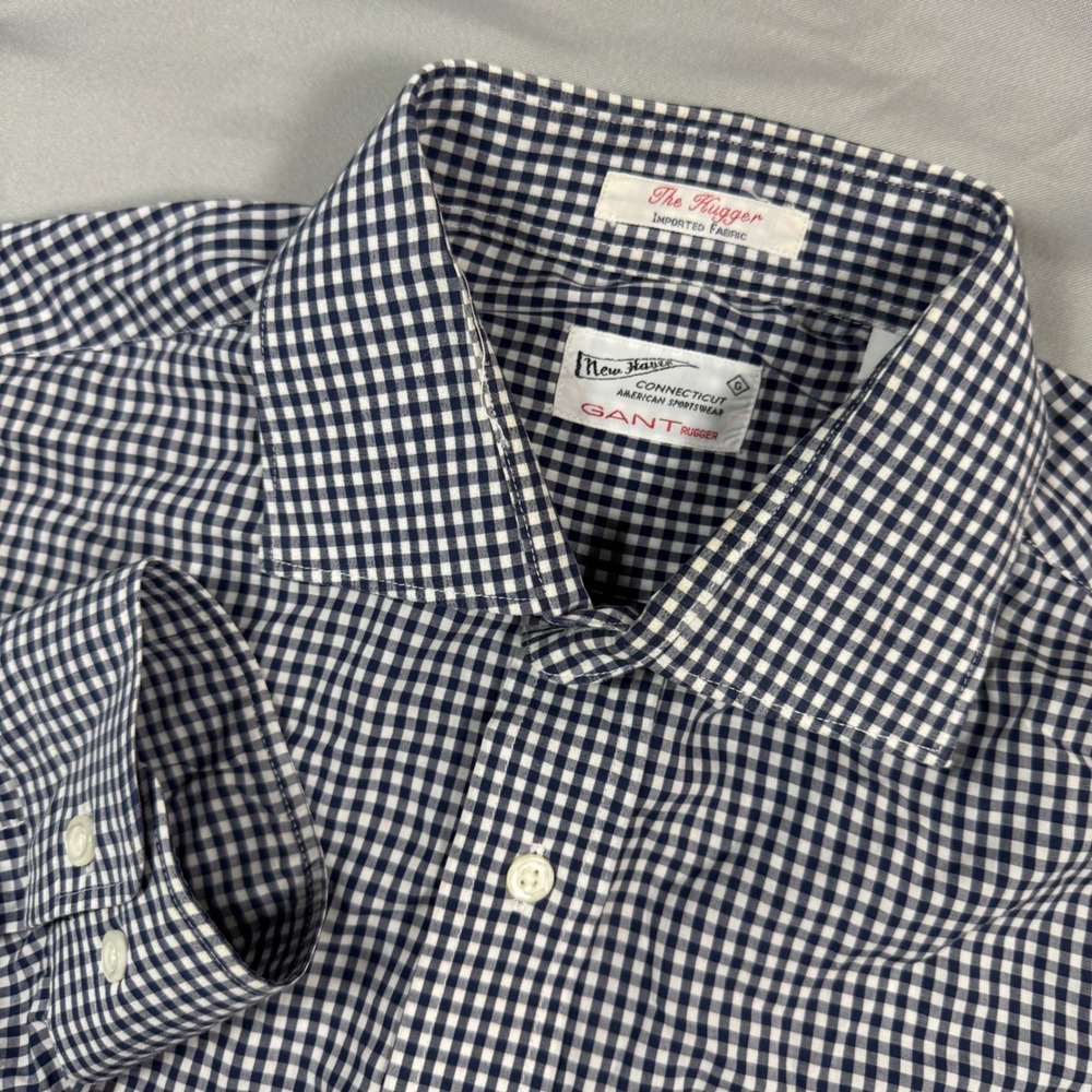 Gant Rugger The Hugger Mens S Navy Blue White Gingham Button‎ Down Shirt Office